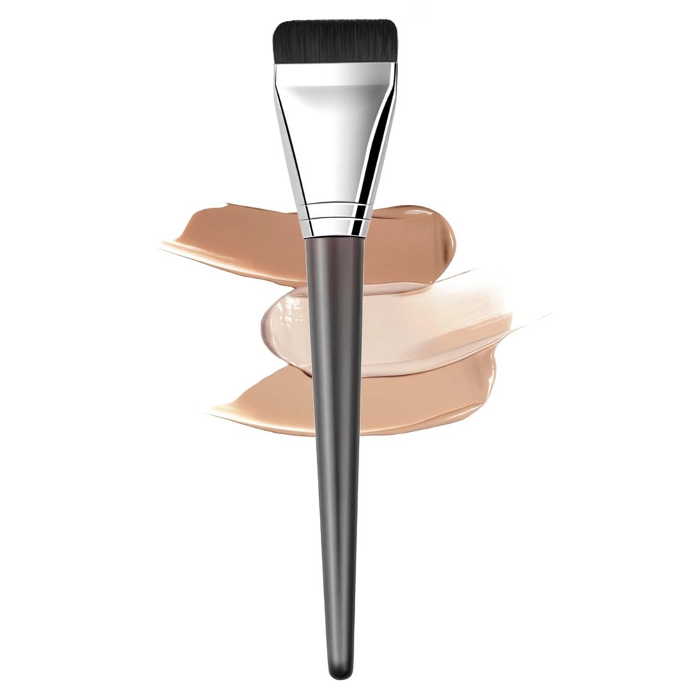ZORLYS Foundation Brush for Liquid Makeup, Fast Flawless Flat Top Kabuki Makeup Brushes Face Cosmetics Brush Ultra Thin Facial Brush Long Wood Handle Design for Liquid Foundation, Blending Cream,Black
