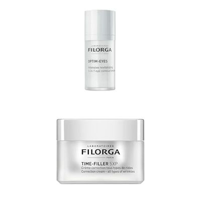 Bundle of Filorga Optim-Eyes Eye Cream 0.5oz, Reduces Dark Circles, Wrinkles, Puffiness + Filorga Time-Filler 5-XP Cream 1.69oz, Anti-Aging Wrinkle Correction for Face, Eyes, Neck