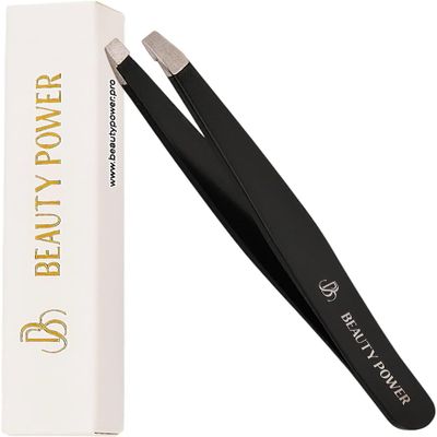 Beauty Power Professional Precision Slant Tweezers for Women Facial Hair - Tweezers for Men & Women, Eyebrow Tweezer for Ingrown Hair Blackhead & Splinter Removal - Black