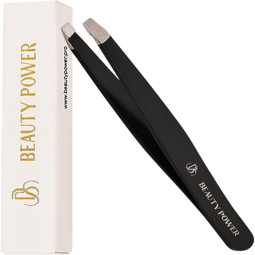 Beauty Power Professional Precision Slant Tweezers for Women Facial Hair - Tweezers for Men & Women, Eyebrow Tweezer for Ingrown Hair Blackhead & Splinter Removal - Black