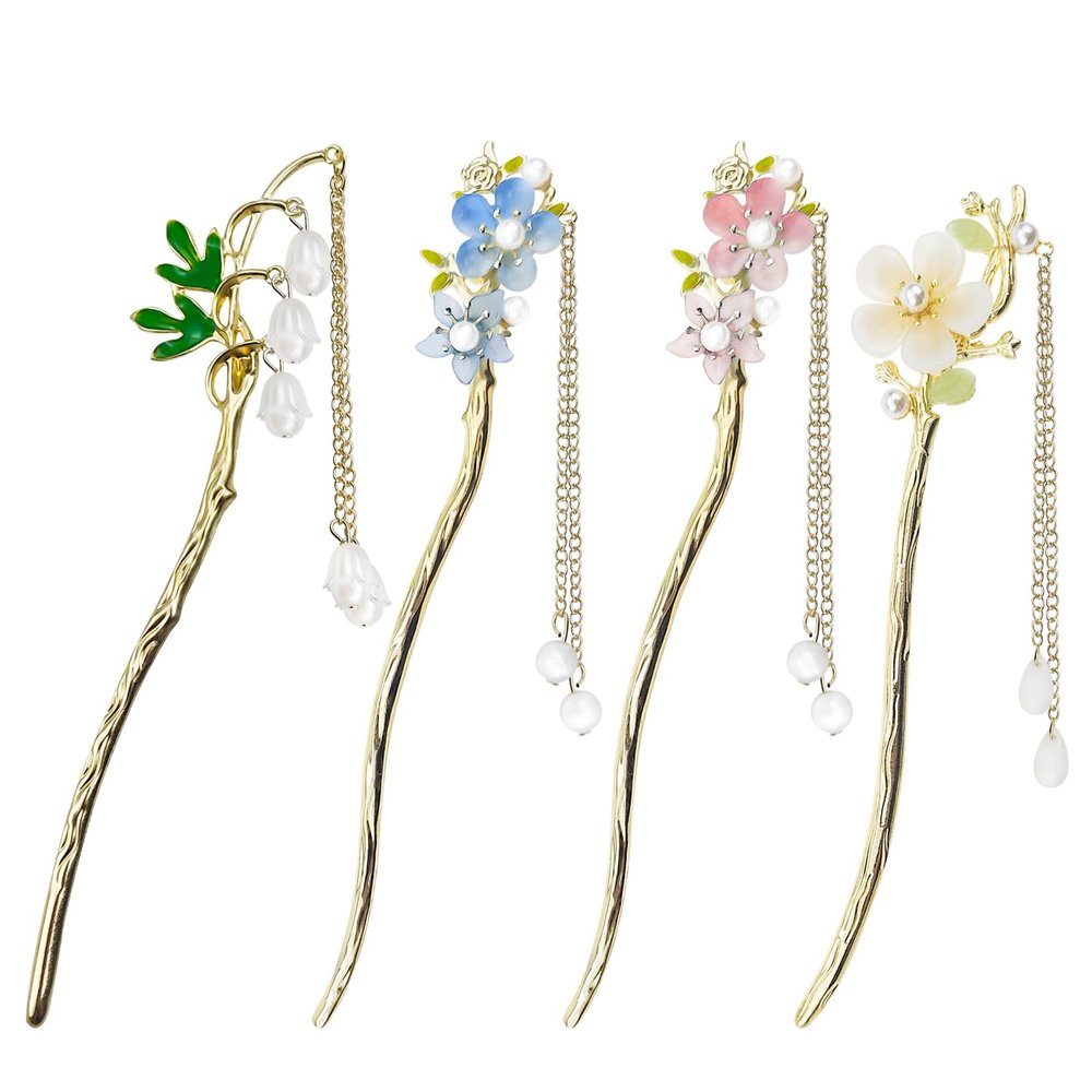 4 PACK Lily of the Valley Chinese Hair Sticks for Women Vintage Retro Pearl Hair Chopsticks Hair Bun Updo Holders Long Hairpins for Women Girls