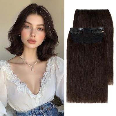 Charites Clip in Hair Extensions Real Human Hair Short Extensions for Women Adding Volume 2 Pcs Invisible Clip on Hairpieces with Thinning 10 Inch Dark Brown