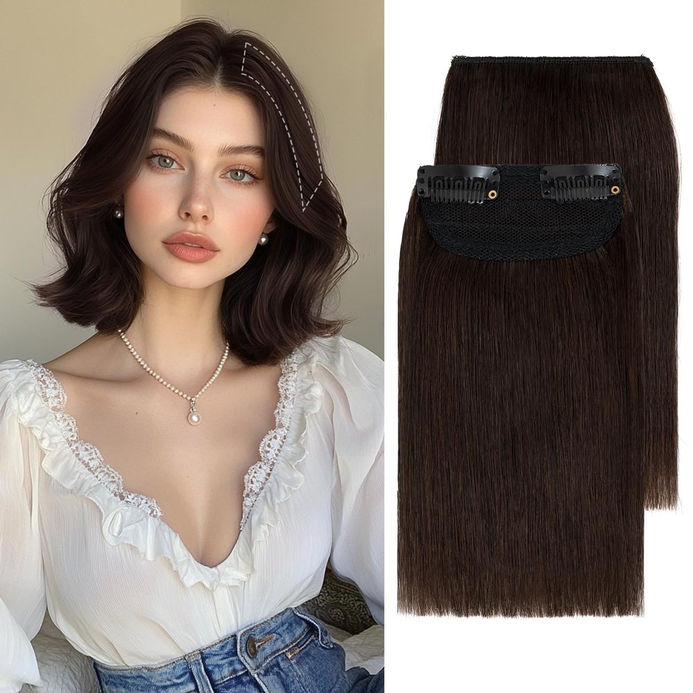Charites Clip in Hair Extensions Real Human Hair Short Extensions for Women Adding Volume 2 Pcs Invisible Clip on Hairpieces with Thinning 10 Inch Dark Brown