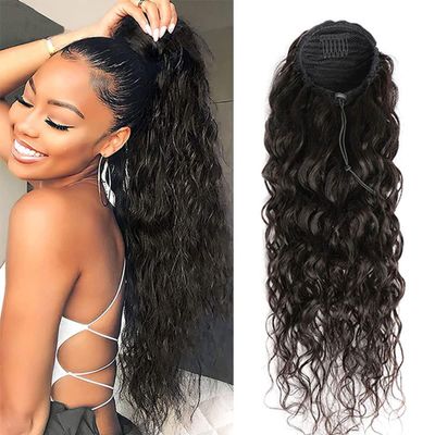 100% Human Hair Drawstring Ponytail Extension Curly Wave in Natural Color 1B Corn Wave Ponytail Clip in Extensions for Black Women (Curly Hair, 22 inch)
