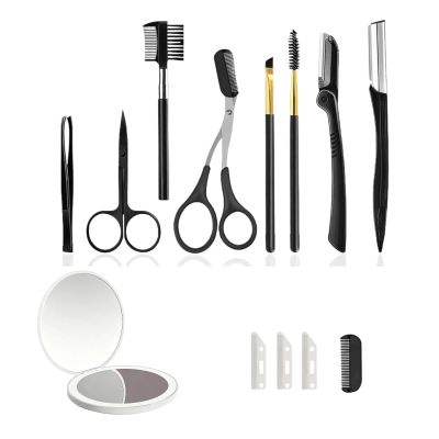 13-in-1 Eyebrow Trimming Kit with Double Magnification Vanity Mirror, Eyebrow Grooming Kit for Women/Men, Includes Scissors with Comb, Straight and Folding Razors, Brushes, Tweezers, Replacement Head