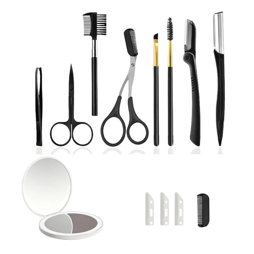13-in-1 Eyebrow Trimming Kit with Double Magnification Vanity Mirror, Eyebrow Grooming Kit for Women/Men, Includes Scissors with Comb, Straight and Folding Razors, Brushes, Tweezers, Replacement Head