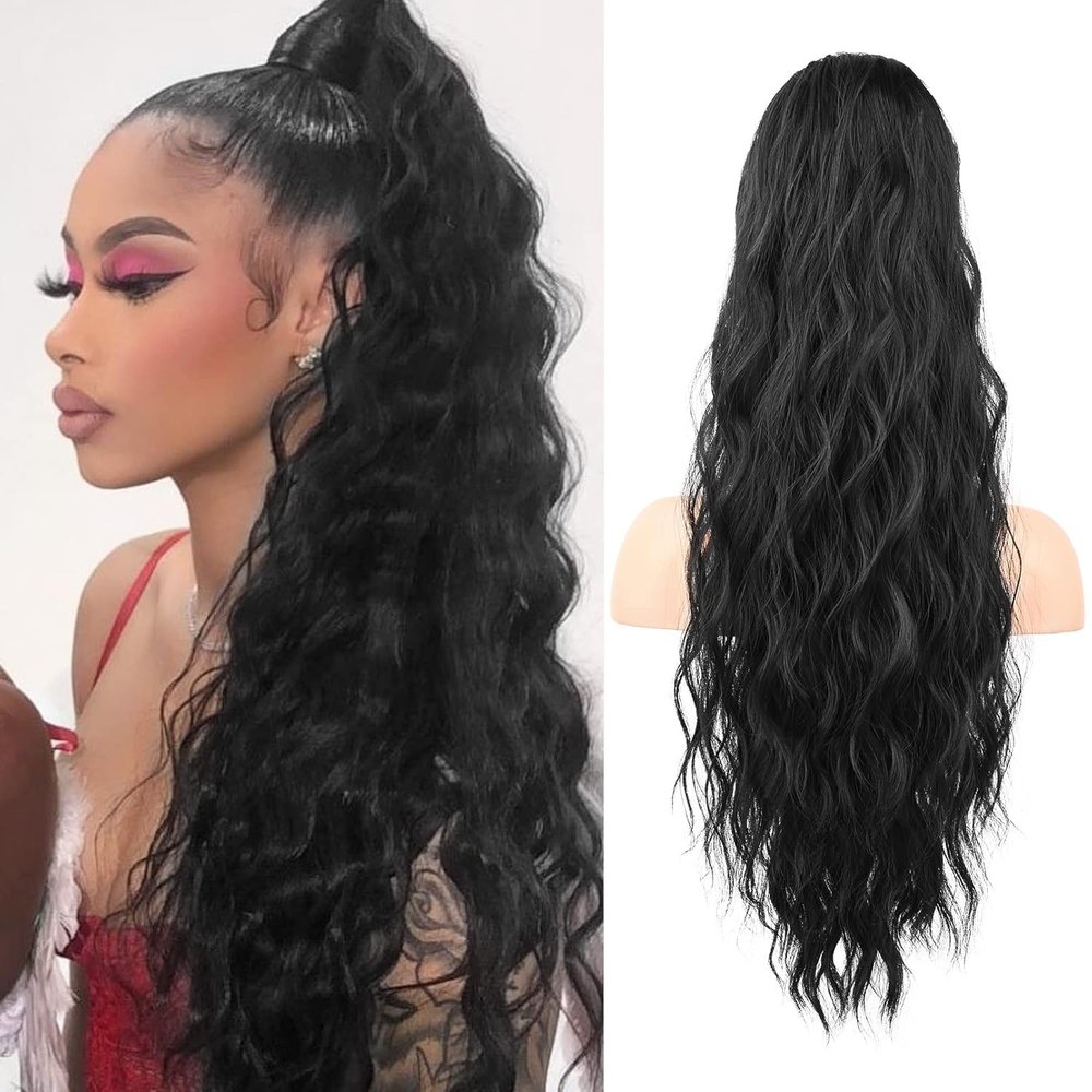 100% Real Human Hair Ponytail Wrap Around Hair Extensions Water Wave, Magic Paste Natural Wavy Deep Curly Ponytail for Black Women (Curly, 22 inch)