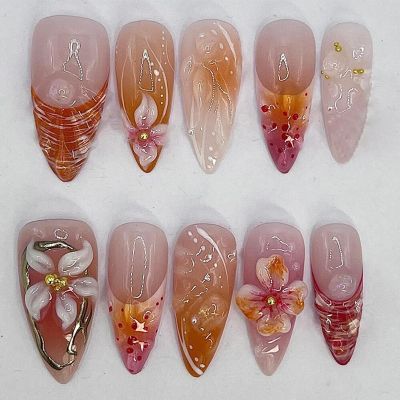 30pcs French Tip Press On Nails Pink Medium Almond Shape Fake Nails with Rhinestone Design Reusable Full Coverage Acrylic Nails Flower Shell Glue on Nails for Women Nail Art Supplies