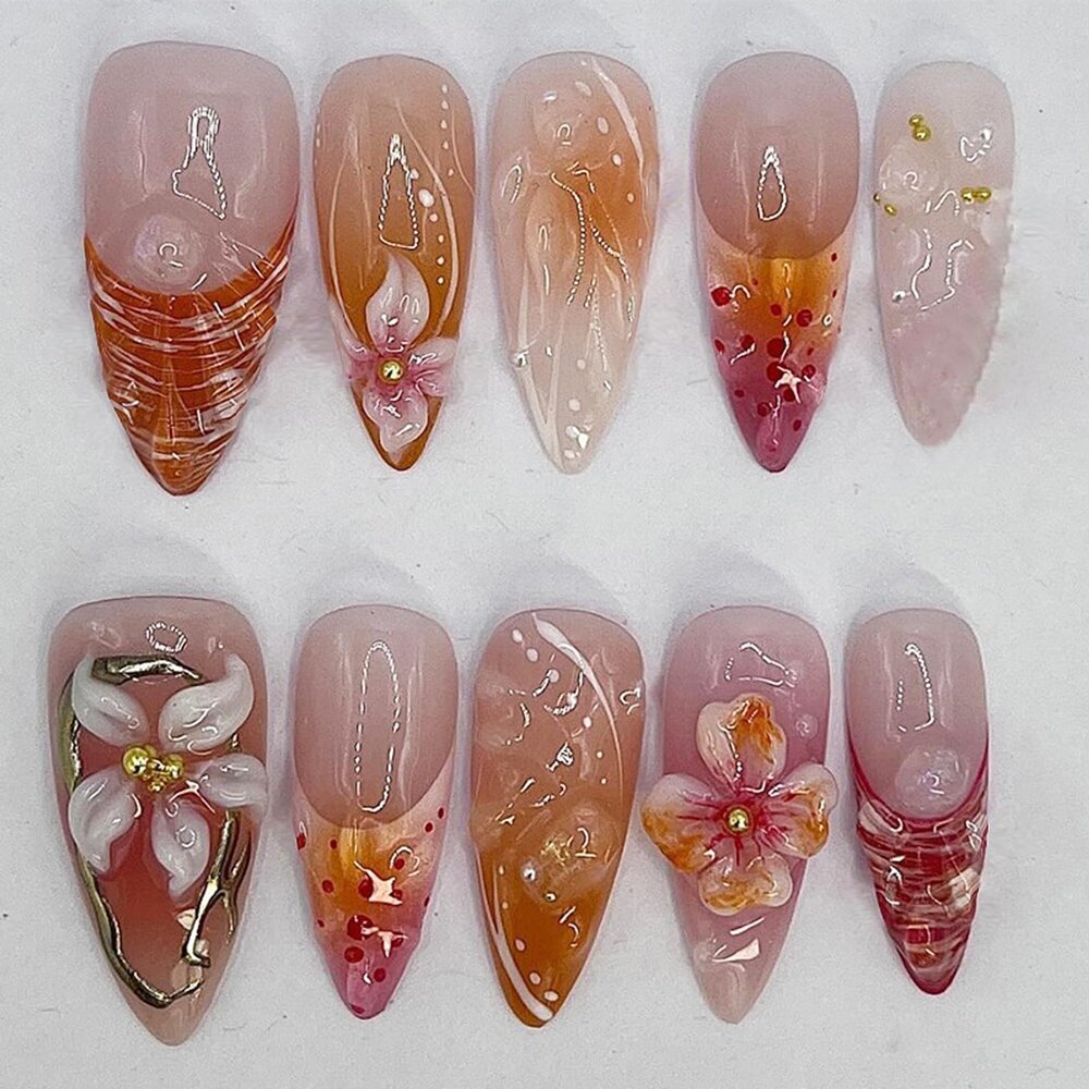 30pcs French Tip Press On Nails Pink Medium Almond Shape Fake Nails with Rhinestone Design Reusable Full Coverage Acrylic Nails Flower Shell Glue on Nails for Women Nail Art Supplies