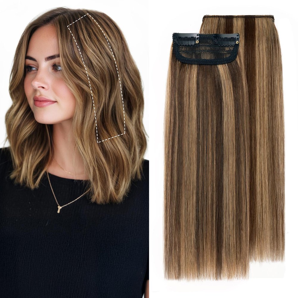 Charites Clip in Hair Extensions Real Human Hair Short Extensions for Women Adding Volume 2 Pcs Invisible Clip on Hairpieces with Thinning 8 Inch Medium Brown & Dark Blonde