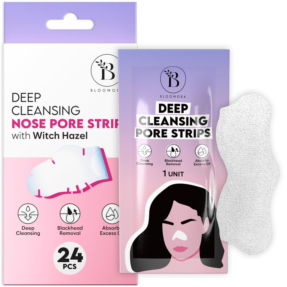 BLOOMORA Nose Pore Strips, Nose Strips Blackhead Remover with Witch Hazel for Deep Cleansing, Pore Cleaner & Whitehead Remover, Skincare For Clearer, Smoother, Radiant Skin (24 pc)