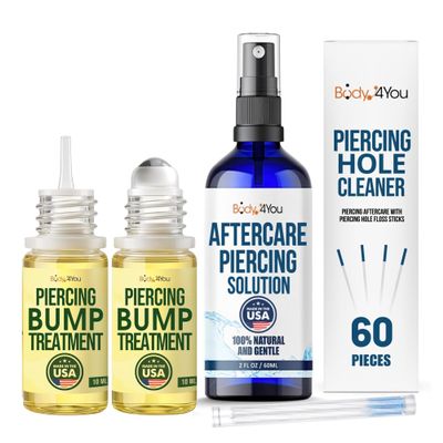 BodyJ4You Piercing Aftercare Kit with Keloid Roller Oil - Natural Saline Spray Bump Drops Floss Set - For Ear Nose Septum Belly Piercings - Sea Salt Aloe Rosemary Lavender