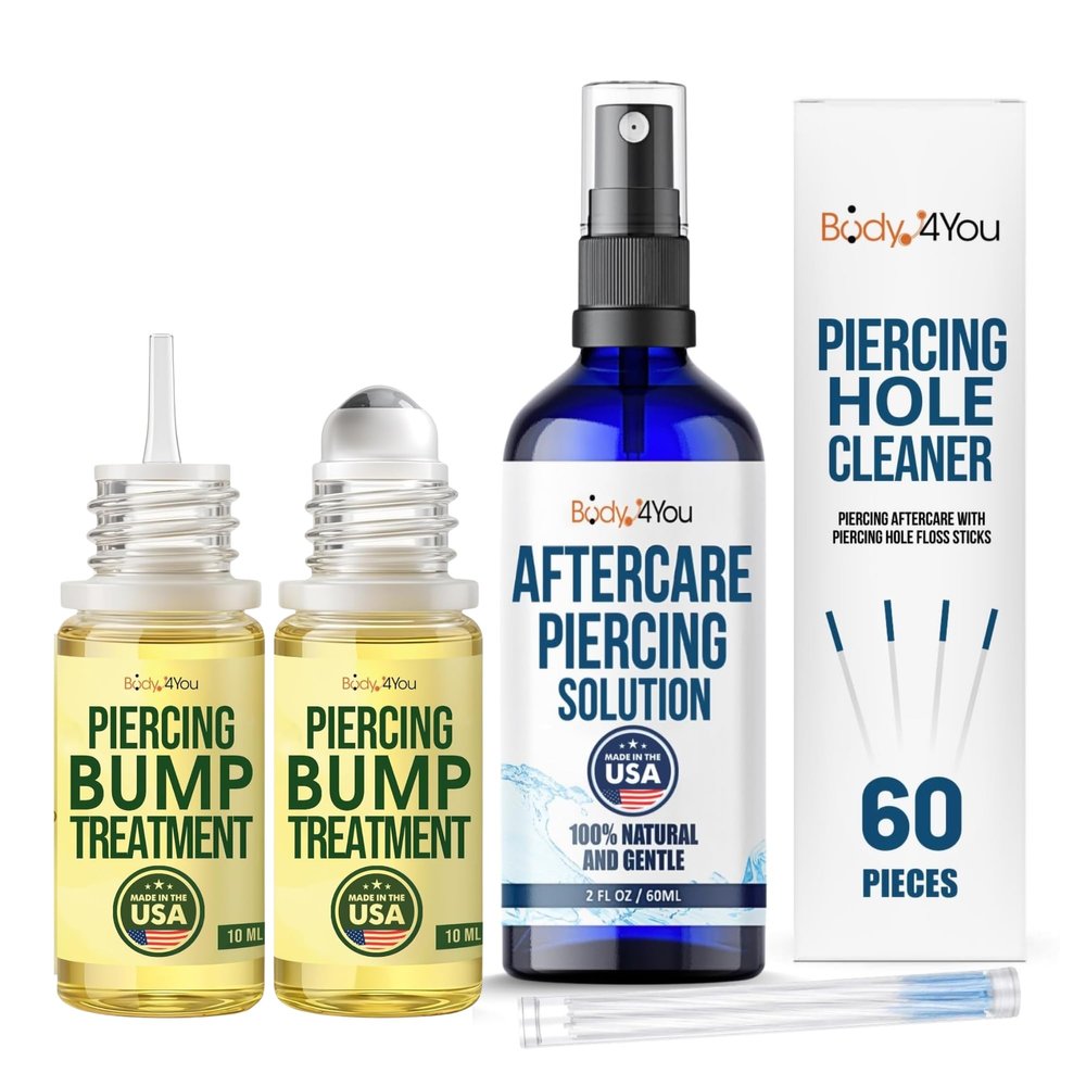 BodyJ4You Piercing Aftercare Kit with Keloid Roller Oil - Natural Saline Spray Bump Drops Floss Set - For Ear Nose Septum Belly Piercings - Sea Salt Aloe Rosemary Lavender