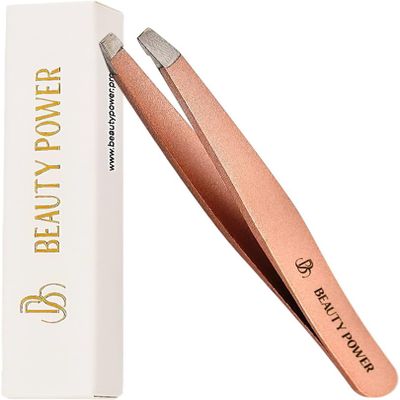 Beauty Power Slant Tip Precision Tweezers - Stainless Steel Eyebrow Tweezers for Women & Men - Precision Tweezers for Facial Hair, Ingrown Hair & Brow Shaping - Professional Beauty Tool (Rose Gold)