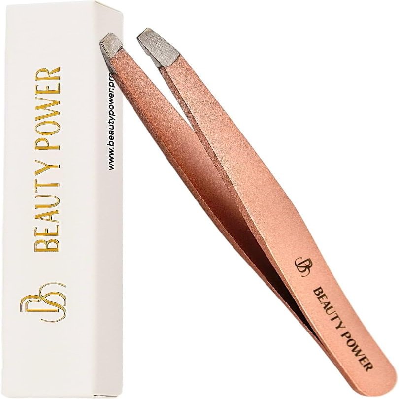 Beauty Power Slant Tip Precision Tweezers - Stainless Steel Eyebrow Tweezers for Women & Men - Precision Tweezers for Facial Hair, Ingrown Hair & Brow Shaping - Professional Beauty Tool (Rose Gold)