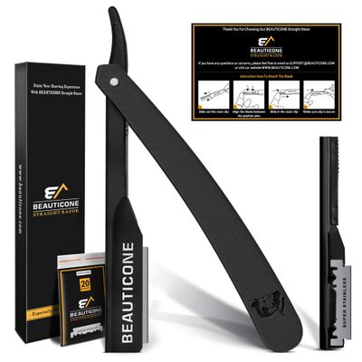 BEAUTICONE Straight Razors for Men  Professional Barber Straight Edge Razor Kit with Replaceable Single Edge Blades - Navajas Para Barbero - Pouch Gift Box 1.2 mm Exposed for Close Shave Ultra Light