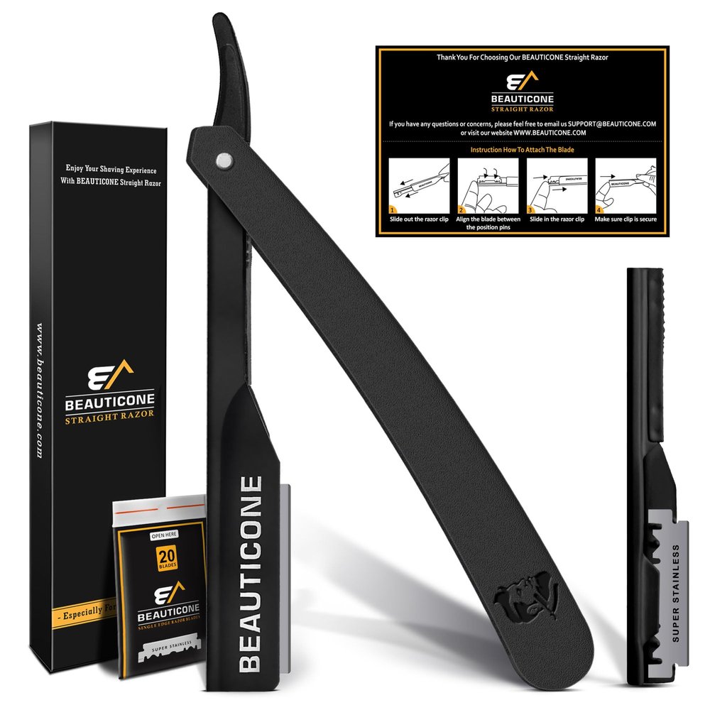 BEAUTICONE Straight Razors for Men  Professional Barber Straight Edge Razor Kit with Replaceable Single Edge Blades - Navajas Para Barbero - Pouch Gift Box 1.2 mm Exposed for Close Shave Ultra Light