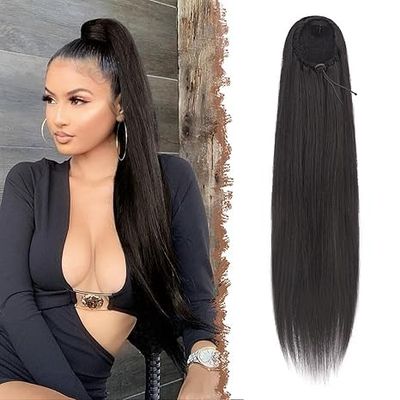 100% Human Hair Ponytail Extension Human Hair Straight Drawstring Ponytail Extension Natural Black for Women 1B Color Brazilian Virgin Human Hair Drawstring (Straight Hair, 18 inch)