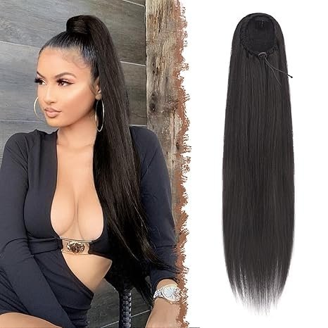 100% Human Hair Ponytail Extension Human Hair Straight Drawstring Ponytail Extension Natural Black for Women 1B Color Brazilian Virgin Human Hair Drawstring (Straight Hair, 18 inch)
