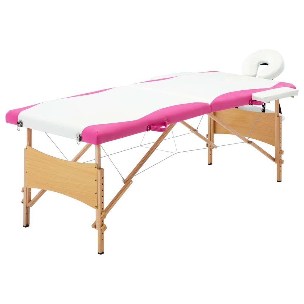 CHARMMA Foldable Massage Table 2 Zones Wood White and Pink,Massage Tables-110210