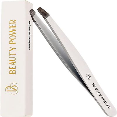 Beauty Power Slant Tip Precision Tweezers - Stainless Steel Eyebrow Tweezers for Women & Men - Precision Tweezers for Facial Hair, Ingrown Hair & Brow Shaping - Professional Beauty Tool (White)