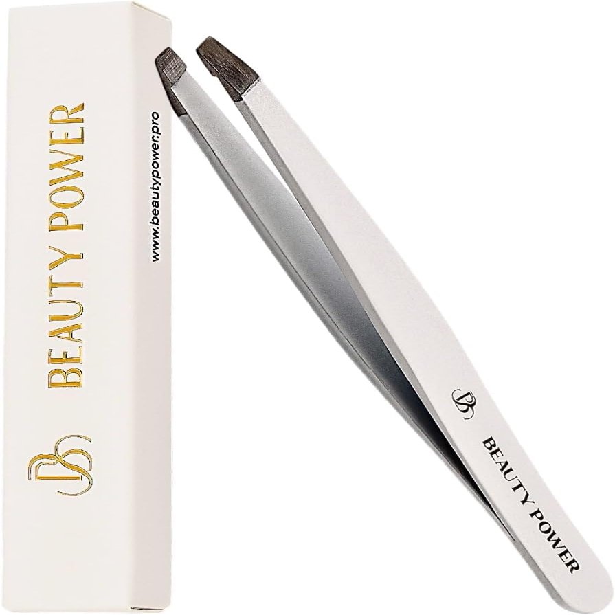 Beauty Power Slant Tip Precision Tweezers - Stainless Steel Eyebrow Tweezers for Women & Men - Precision Tweezers for Facial Hair, Ingrown Hair & Brow Shaping - Professional Beauty Tool (White)