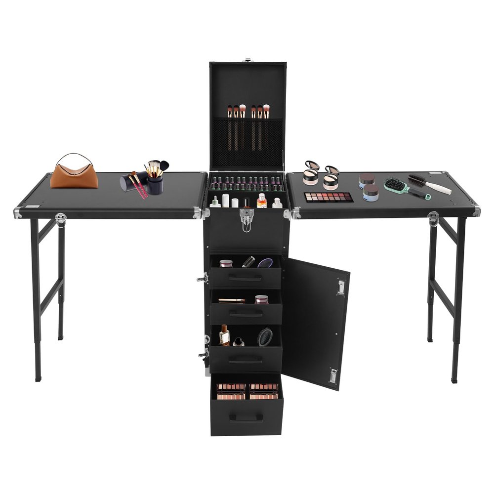 Yellulu Rolling Makeup Train Case | Portable Rolling Manicure Table with Wheel | Foldable Nail Desk Cosmetology Case | 2 Foldable Tabletops | 4 Drawer | with Brush Pouch (Black)