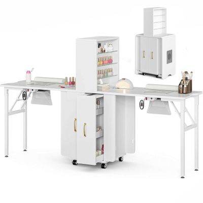 Belandi Dual-Station Nail Table Desk Foldable, 2 Desktop Folding Manicure Table Nail Workstation w/Dust Collector, Lockable Wheels, Two Glass Open Shelves & Vertical Drawers, Wrist Cushion