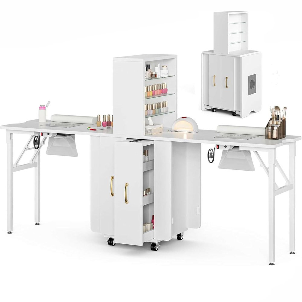 Belandi Dual-Station Nail Table Desk Foldable, 2 Desktop Folding Manicure Table Nail Workstation w/Dust Collector, Lockable Wheels, Two Glass Open Shelves & Vertical Drawers, Wrist Cushion
