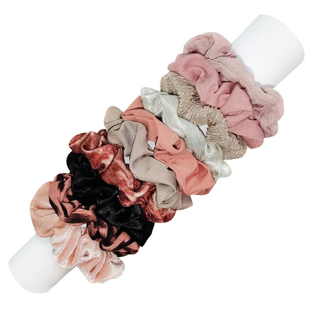 10-Pack Pink Crinkled Fabric Scrunchies - Elastic Hair Ties Set