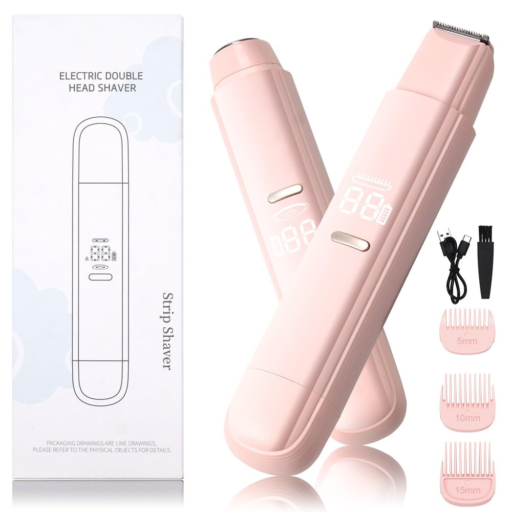 2 in 1 Bikini Trimmer for Women, Dual Head Electric Razor, IPX7 Waterproof Wet/Dry Use Women Electric Shaver, Painless Body Facial Hair Remover for Bikini Legs Arm Underarm,(Pink)