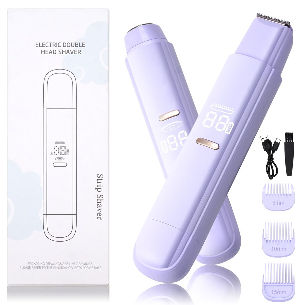 2 in 1 Bikini Trimmer for Women, Dual Head Electric Razor, IPX7 Waterproof Wet/Dry Use Women Electric Shaver, Painless Body Facial Hair Remover for Bikini Legs Arm Underarm,(Purple)