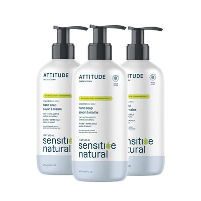 ATTITUDE Hand Soap for Sensitive Skin Enriched with Oat, EWG Verified, Dermatologically Tested, Vegan, Extra Gentle, Unscented, 16 Fl Oz (Pack of 3)