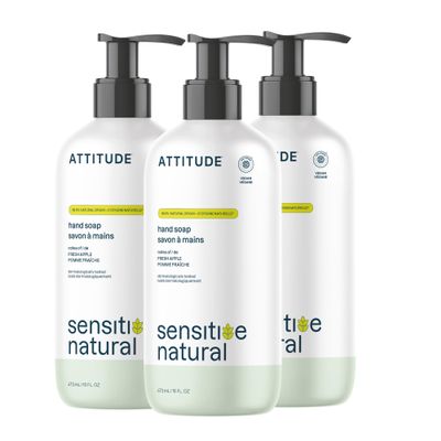 ATTITUDE Hand Soap for Sensitive Skin with Oat and Avocado Oil, EWG Verified, Dermatologically Tested, Vegan, Fresh Apple Scent, 16 Fl Oz (Pack of 3)