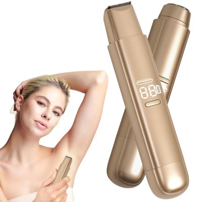 2 in 1 Bikini Trimmer for Women, Dual Head Electric Razor, IPX7 Waterproof Wet/Dry Use Women Electric Shaver, Painless Body Facial Hair Remover for Bikini Legs Arm Underarm,(Golden)