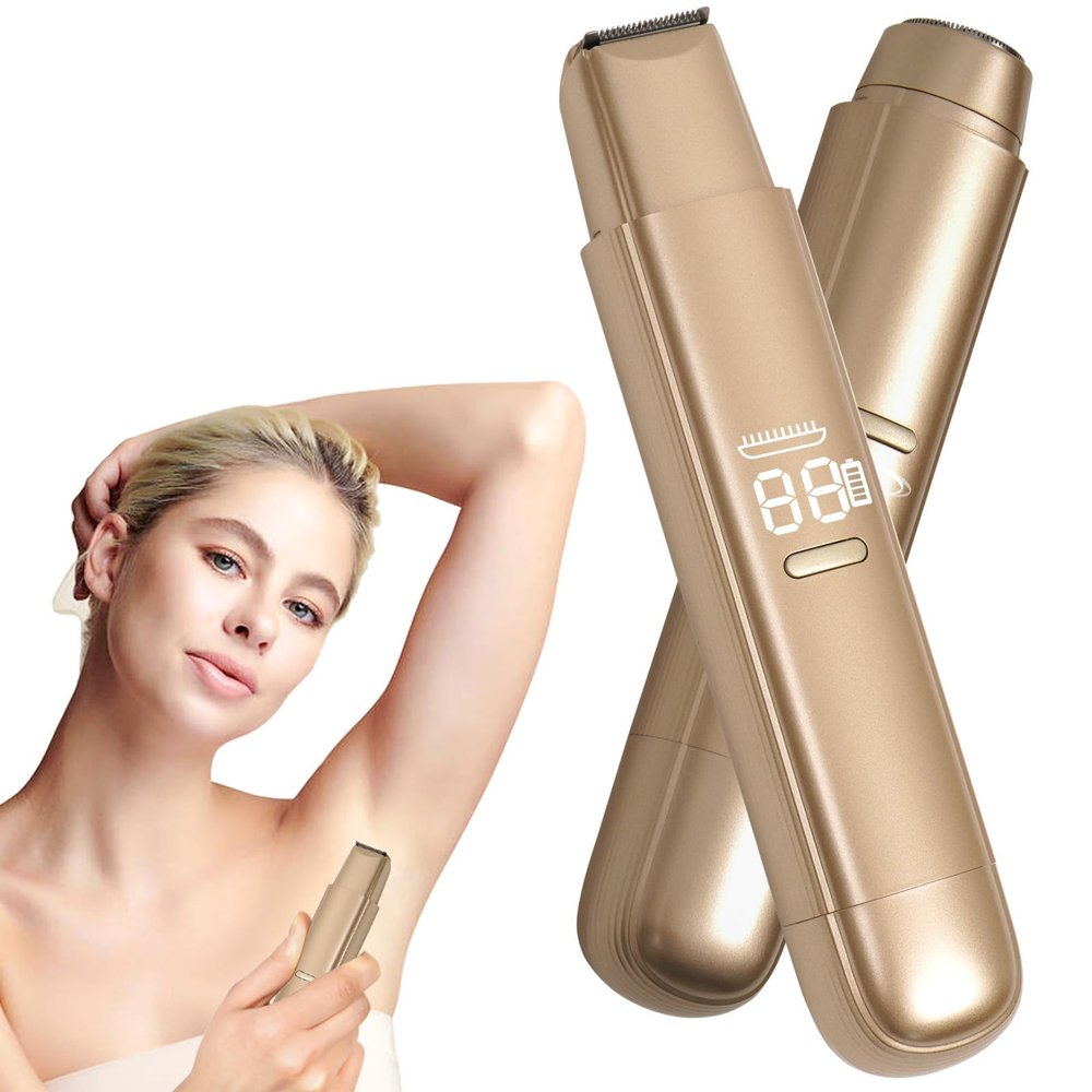 2 in 1 Bikini Trimmer for Women, Dual Head Electric Razor, IPX7 Waterproof Wet/Dry Use Women Electric Shaver, Painless Body Facial Hair Remover for Bikini Legs Arm Underarm,(Golden)