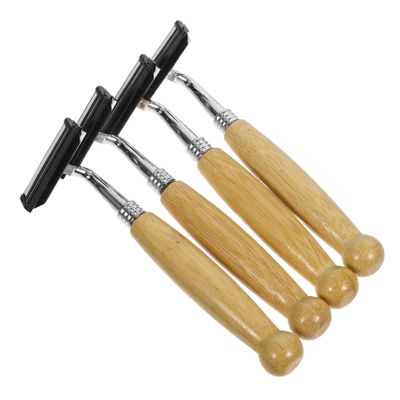 KAILIKETIY 4pcs Natural Bamboo Handle Razor for Bald Head Beard Mustache Trimmer Smooth Shave Shaving Blade Hair Shaver