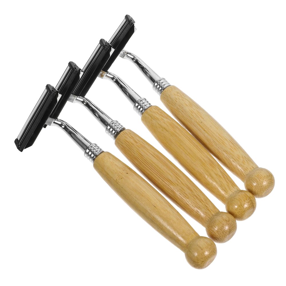 KAILIKETIY 4pcs Natural Bamboo Handle Razor for Bald Head Beard Mustache Trimmer Smooth Shave Shaving Blade Hair Shaver