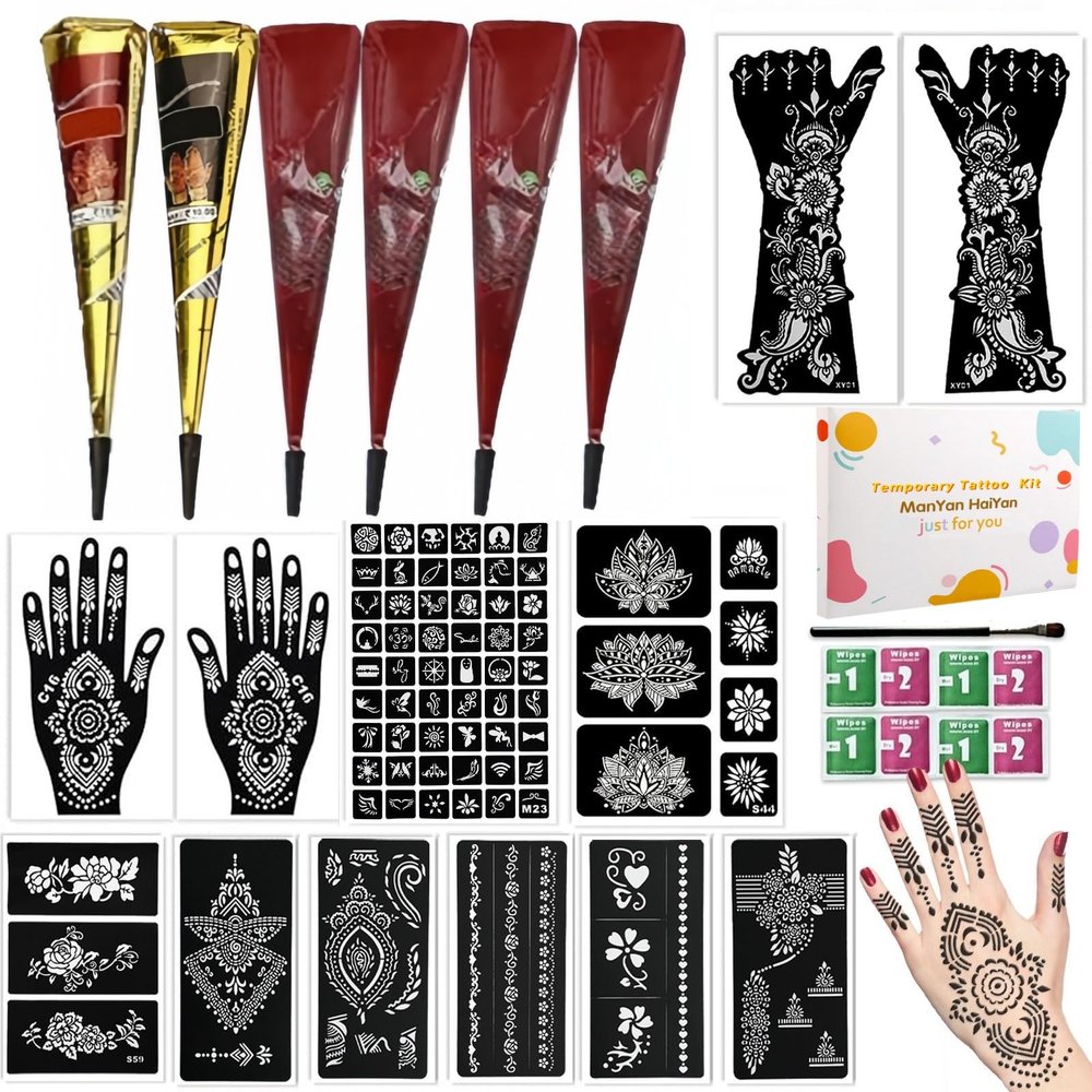 12 Sheets Temporary Tattoo Stencils Kit-Large 78 Pcs Tattoo Patterns-6 Pcs (Brown/Black/Maroon) Ink with Paint Brush for DIY Body Art-Tattoos for Women Men Kids
