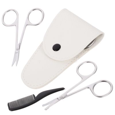 HONITANO 4pcs Stainless Steel Beard Scissors Trimming Kit Pointed Round Scissors White Leather Case Small Comb for Grooming Barber Shops