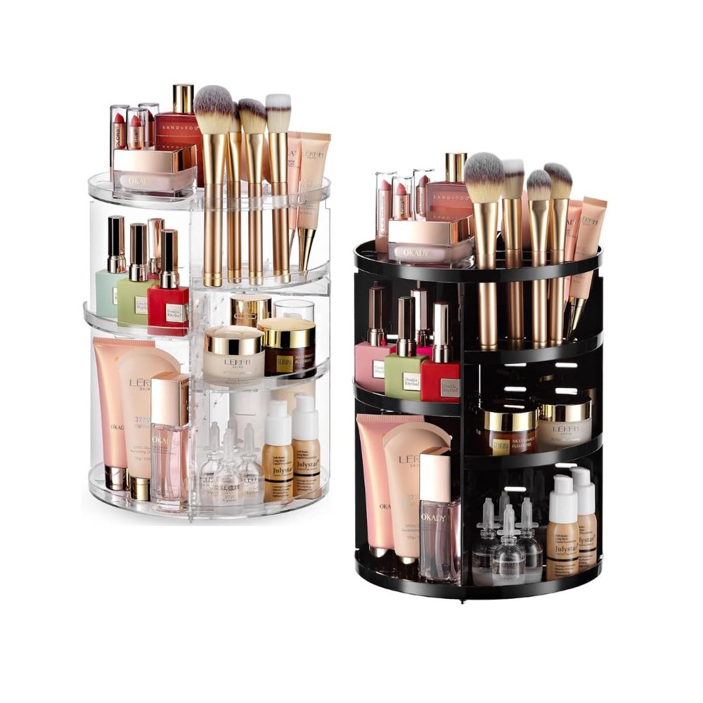 360 Rotating Makeup Organizers  Adjustable Shelf Height and Full Rotation  Set Includes Black and Clear Cosmetic Storage Units  Ideal for Vanity, Dresser, or Bathroom Countertop