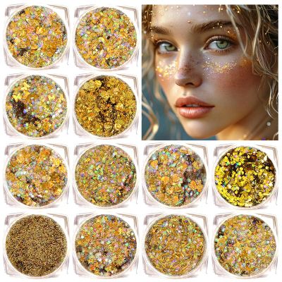 Body Glitter Face Glitter, Hair Glitter for Kids, 12 Shapes Fine Chunky Glitter Gel for Women Girls Makeup Sparkles Party Mermaid Sequins Rave Accessories Singer Concerts Festival (Gold Scheme)