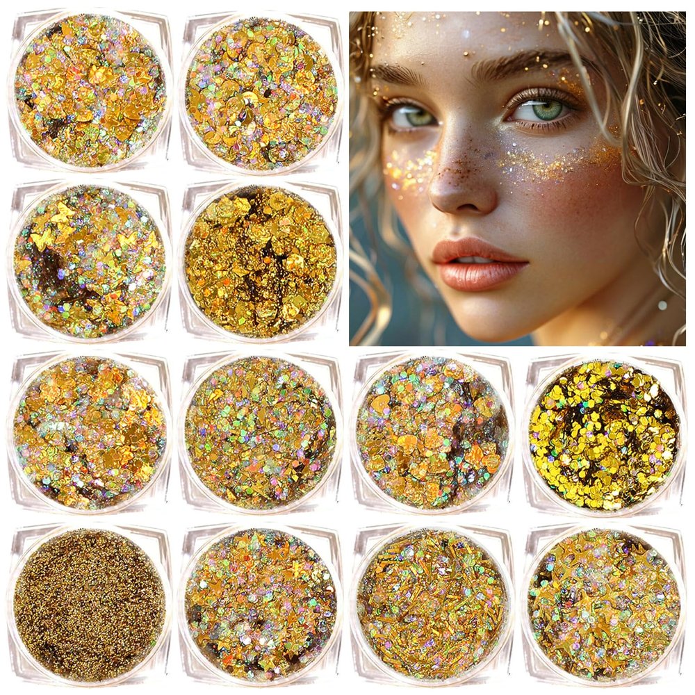 Body Glitter Face Glitter, Hair Glitter for Kids, 12 Shapes Fine Chunky Glitter Gel for Women Girls Makeup Sparkles Party Mermaid Sequins Rave Accessories Singer Concerts Festival (Gold Scheme)