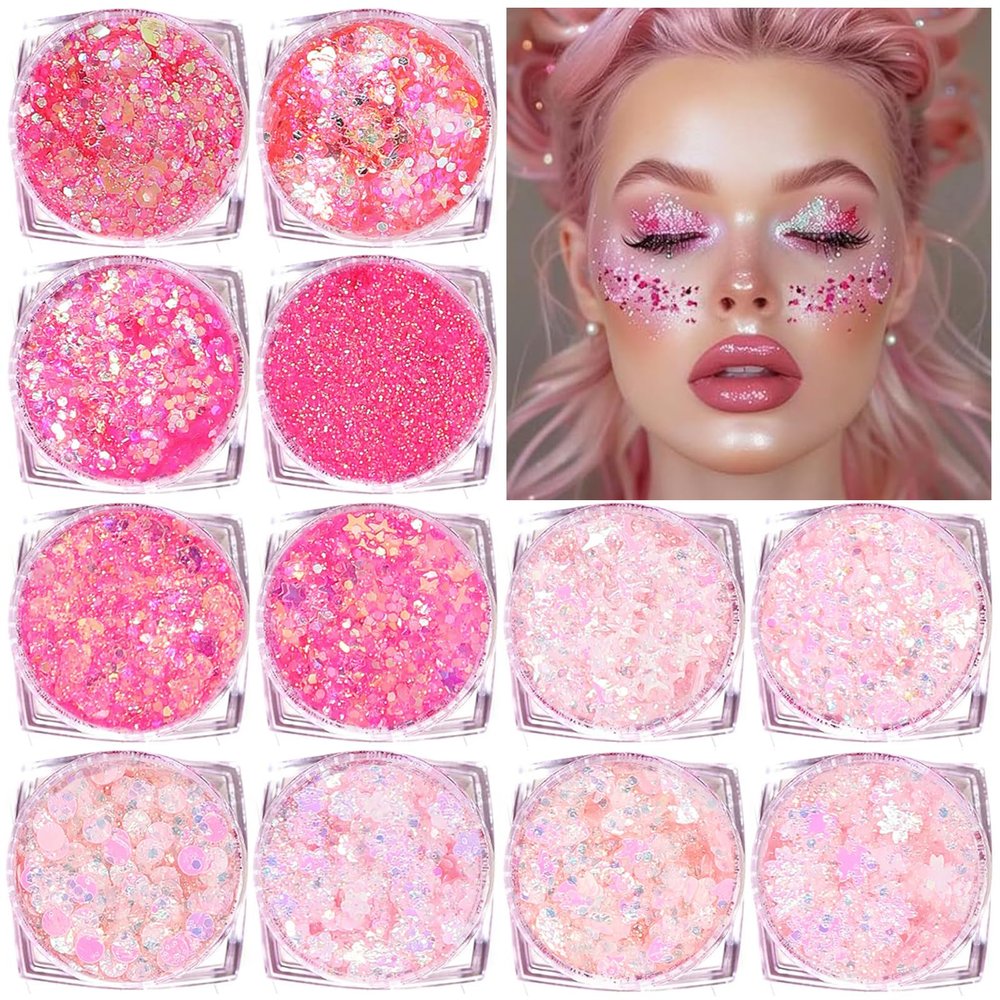 Body Glitter Face Glitter, Hair Glitter for Kids, 12 Shapes Fine Chunky Glitter Gel for Women Girls Makeup Sparkles Party Mermaid Sequins Rave Accessories Singer Concerts Festival (Pink Scheme)