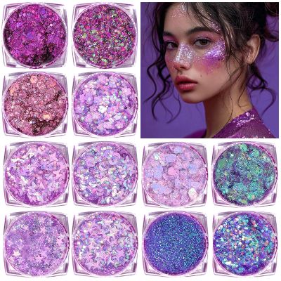 Body Glitter Face Glitter, Hair Glitter for Kids, 12 Shapes Fine Chunky Glitter Gel for Women Girls Makeup Sparkles Party Mermaid Sequins Rave Accessories Singer Concerts Festival (Purple Scheme)