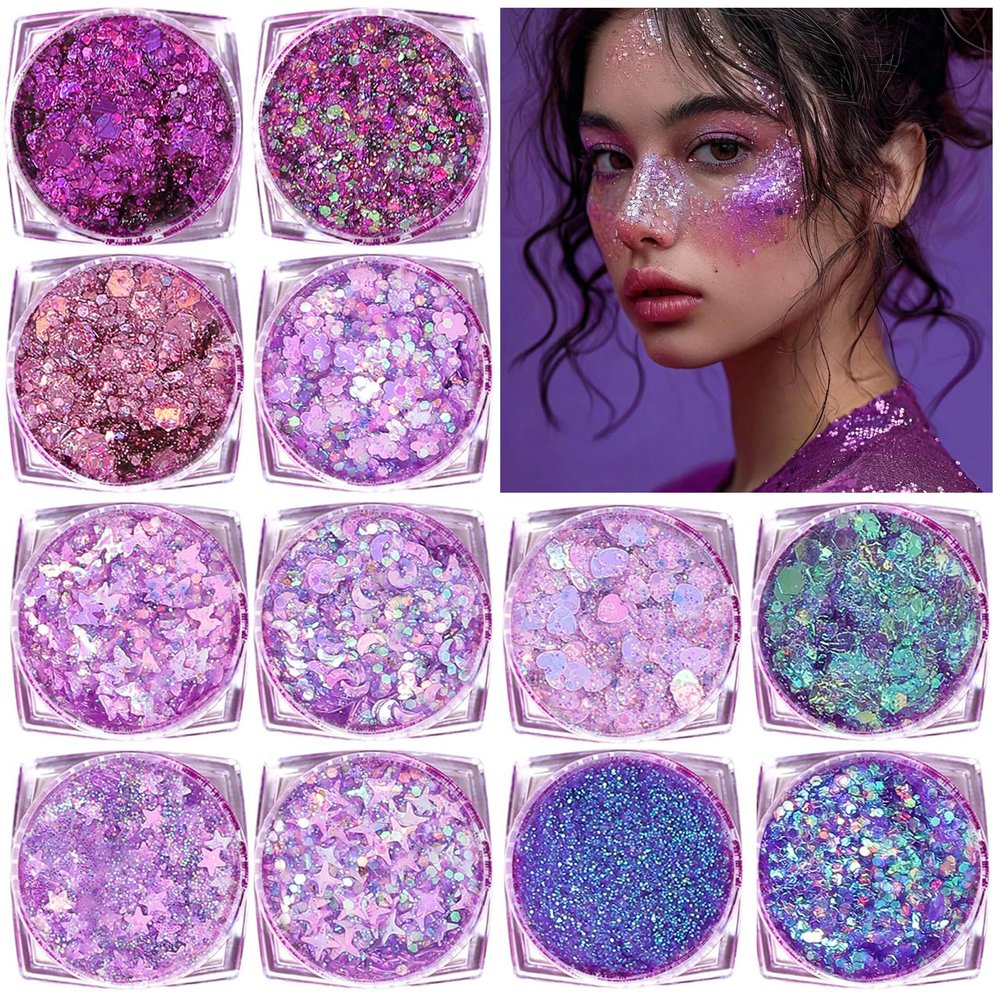 Body Glitter Face Glitter, Hair Glitter for Kids, 12 Shapes Fine Chunky Glitter Gel for Women Girls Makeup Sparkles Party Mermaid Sequins Rave Accessories Singer Concerts Festival (Purple Scheme)