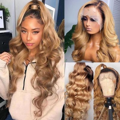 13x6 1B/27 Ombre Honey Blonde Lace Front Wigs Human Hair with Black Roots 32 Inch Body Wave Glueless Lace Frontal with Baby Hair Pre Plucked with Baby Hair for Women HD Transparent 150% Density Wig
