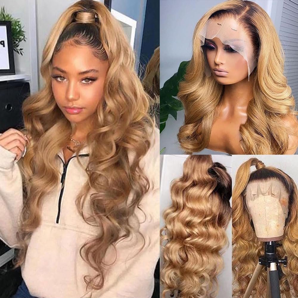 13x6 1B/27 Ombre Honey Blonde Lace Front Wigs Human Hair with Black Roots 32 Inch Body Wave Glueless Lace Frontal with Baby Hair Pre Plucked with Baby Hair for Women HD Transparent 150% Density Wig