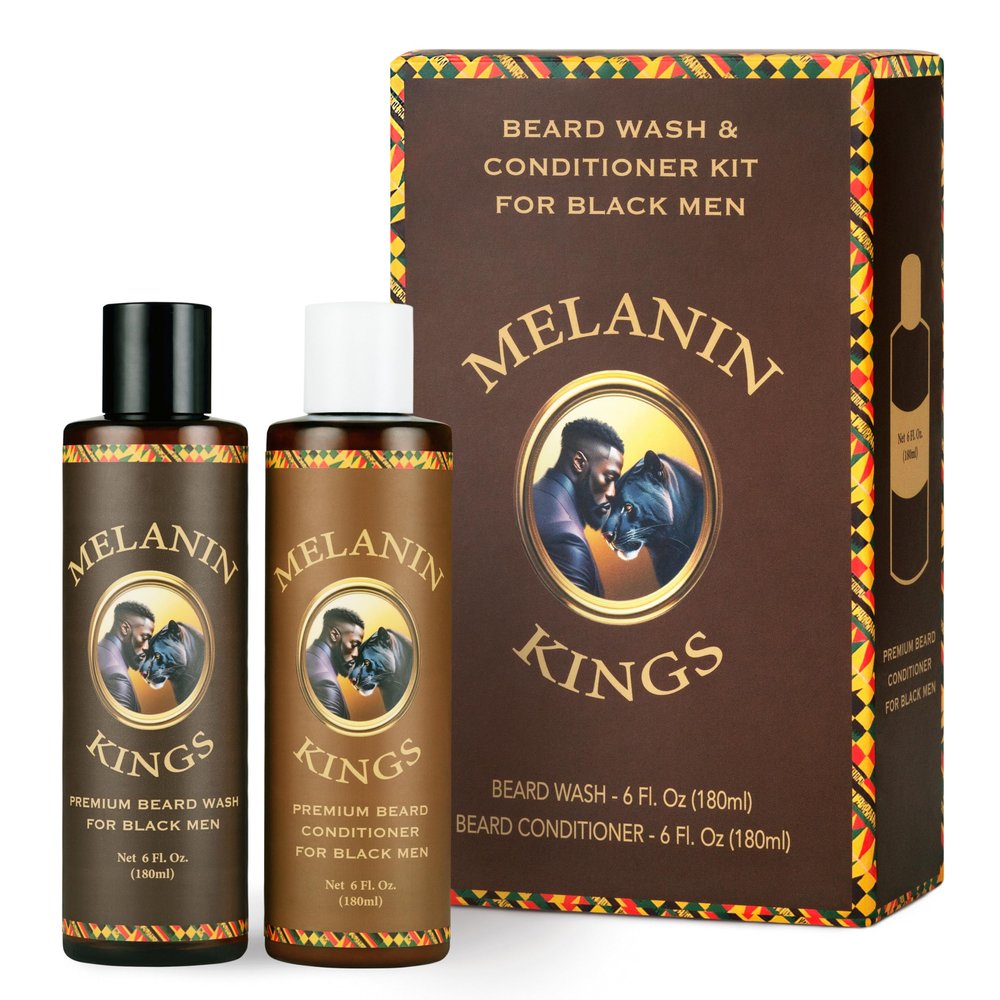 Melanin Kings Beard Wash & Conditioner Set for Black Men Gently Cleanse, Hydrate & Soften Coarse, Dry and Curly Beards African Oil Blend with Baobab, Marula, Argan & Jojoba