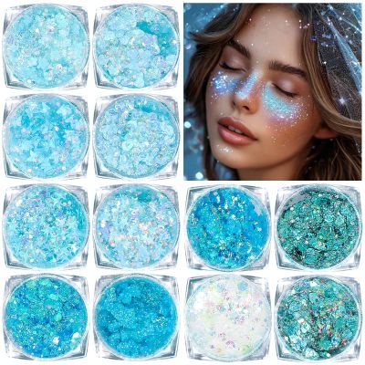 Body Glitter Face Glitter, Hair Glitter for Kids, 12 Shapes Fine Chunky Glitter Gel for Women Girls Makeup Sparkles Party Mermaid Sequins Rave Accessories Singer Concerts Festival (Blue Scheme)
